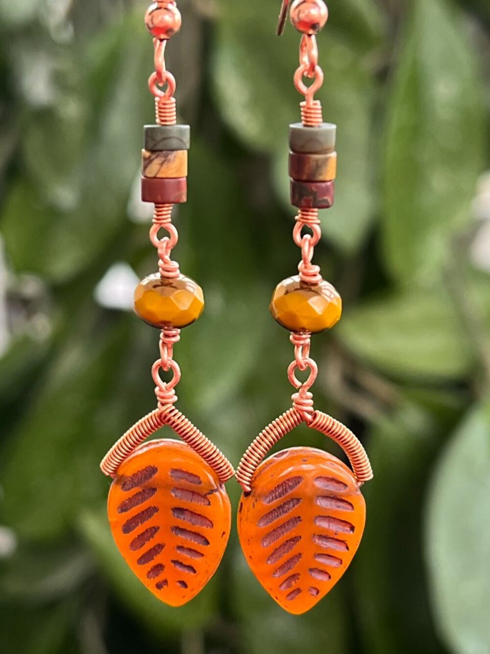 Leaf Dangle Earrings | Red Creek Jasper | Boho, Copper, Autumn